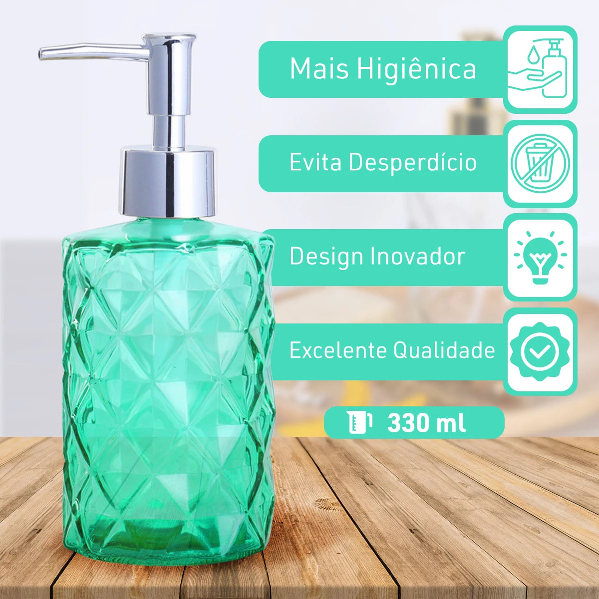Dispenser de Vidro para Sabonete Líquido 330ml Álcool Gel Banheiro e Lavabo – Dolce Home