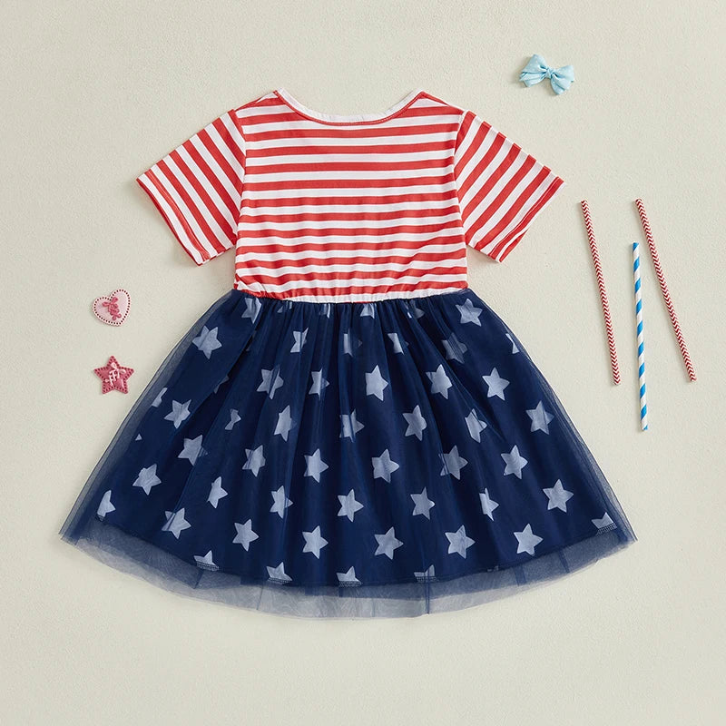 Women s Patriotic Fourth of July Sleeveless A-Line Dress with American Flag Print and Bow Detail