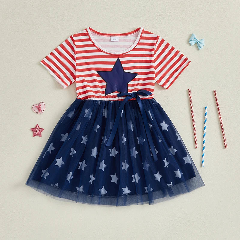 Women s Patriotic Fourth of July Sleeveless A-Line Dress with American Flag Print and Bow Detail