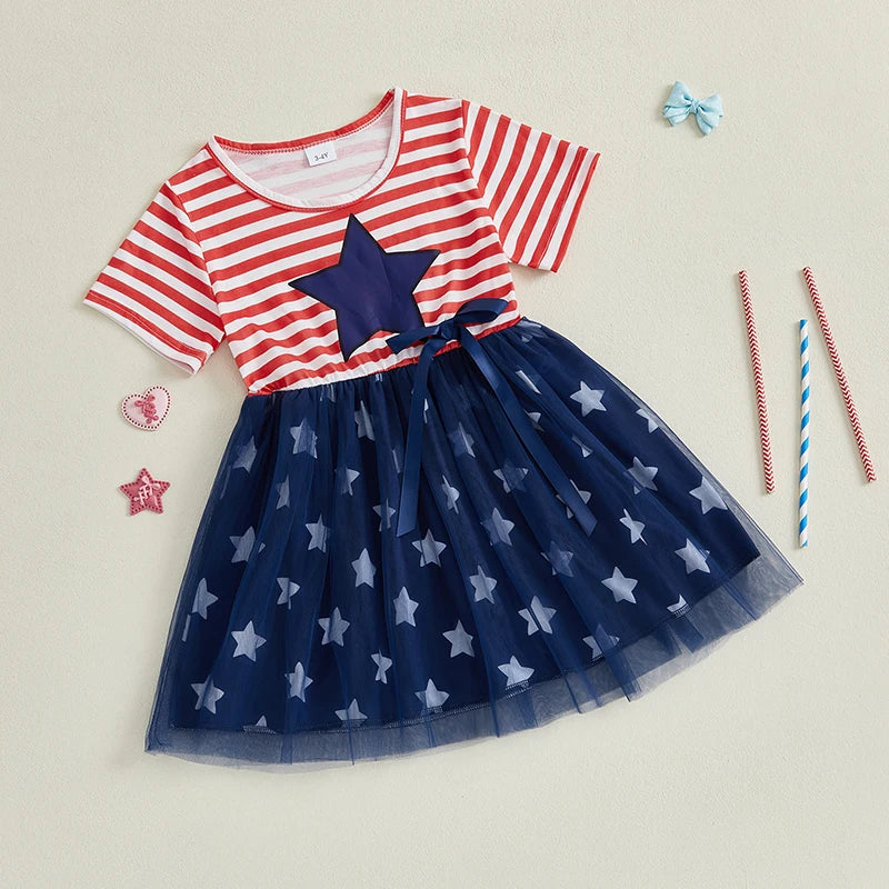 Women s Patriotic Fourth of July Sleeveless A-Line Dress with American Flag Print and Bow Detail