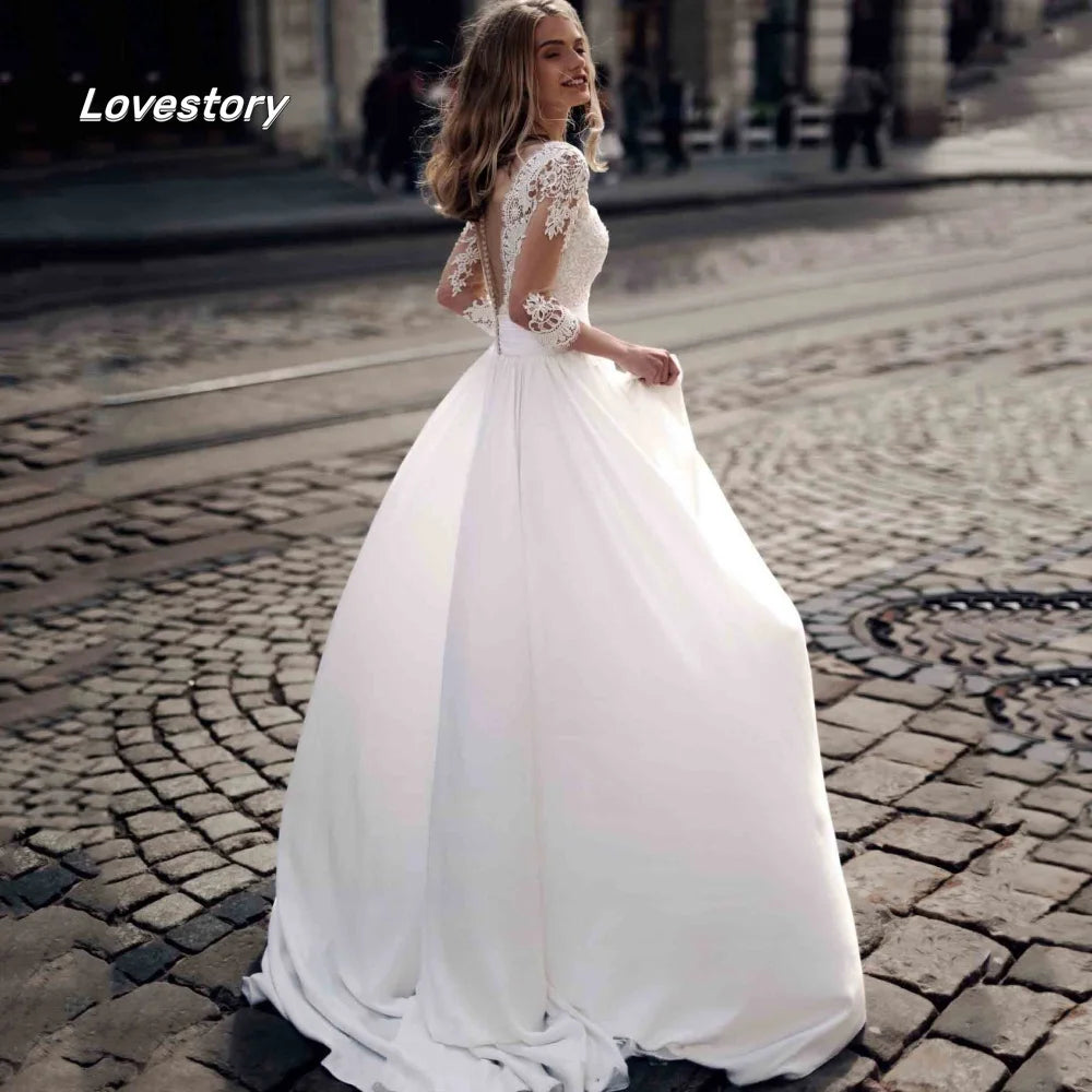 Customized Elegant A Line Wedding Dresses Scalloped Collar Bridal Dress Lace Simple Bride Gowns New Arrival Vestido De Novia