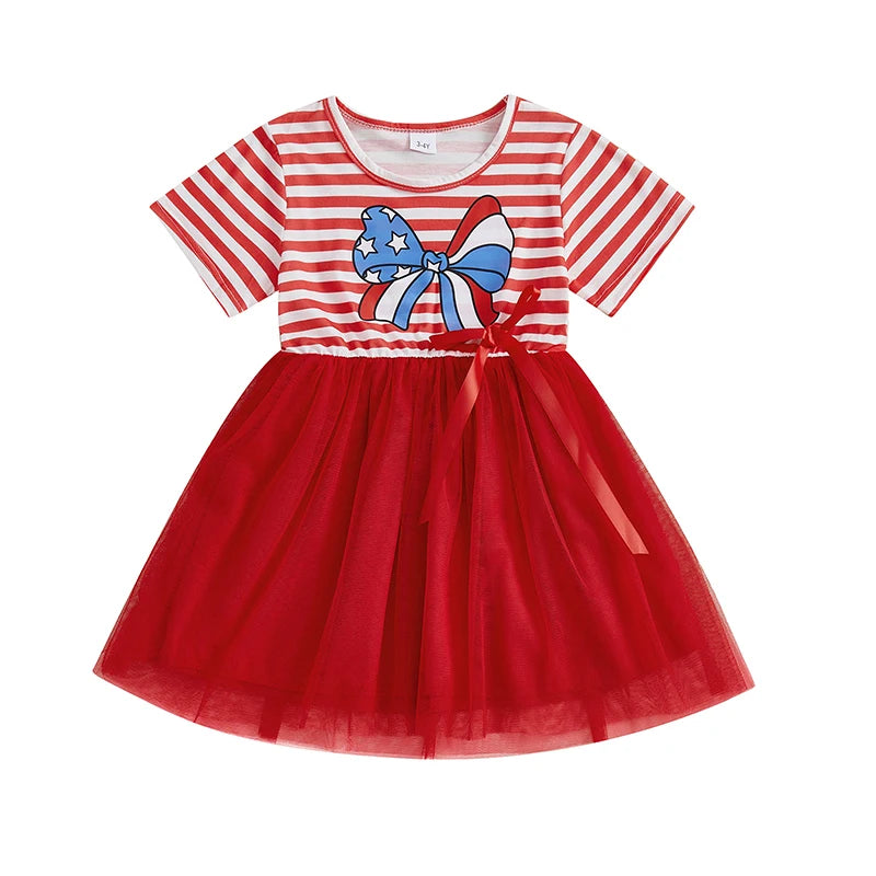 Women s Patriotic Fourth of July Sleeveless A-Line Dress with American Flag Print and Bow Detail